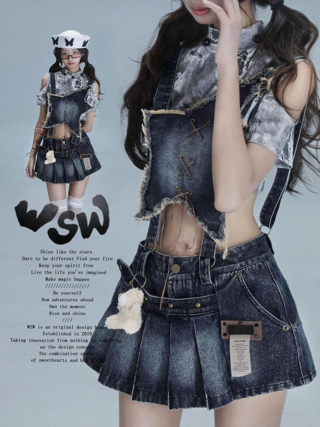 WSW WUSHENWU Playful Bear Detachable Denim Jumpskirt