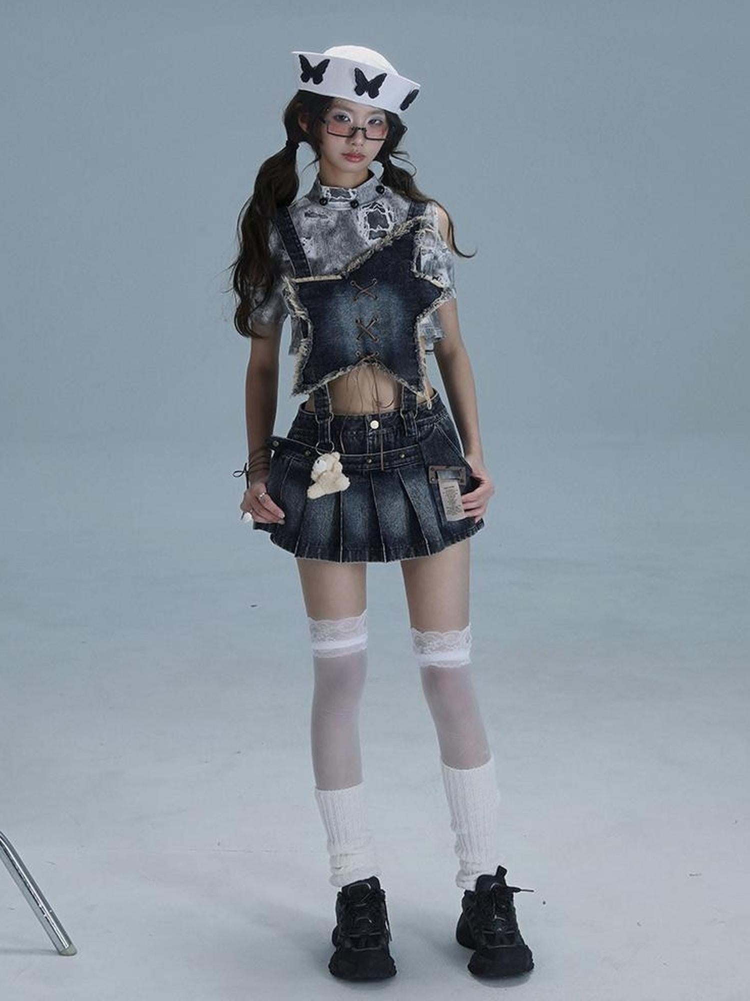WSW WUSHENWU Playful Bear Detachable Denim Jumpskirt
