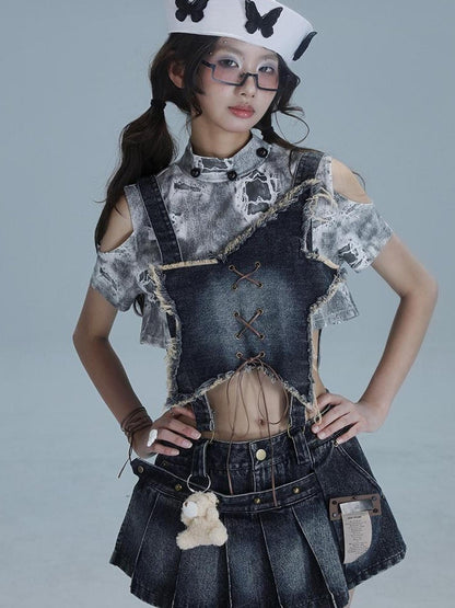 WSW WUSHENWU Playful Bear Detachable Denim Jumpskirt