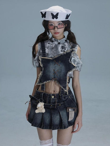 WSW WUSHENWU Playful Bear Detachable Denim Jumpskirt