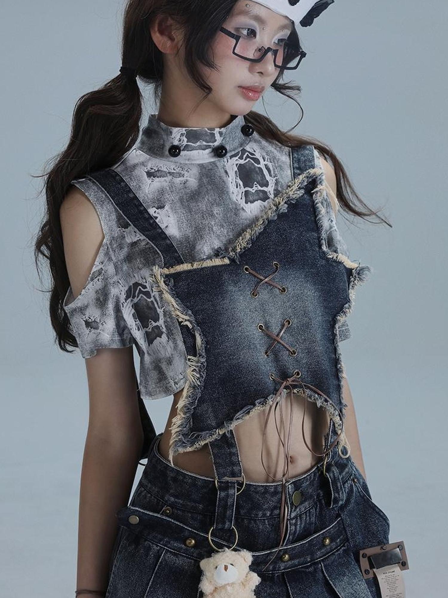 WSW WUSHENWU Playful Bear Detachable Denim Jumpskirt