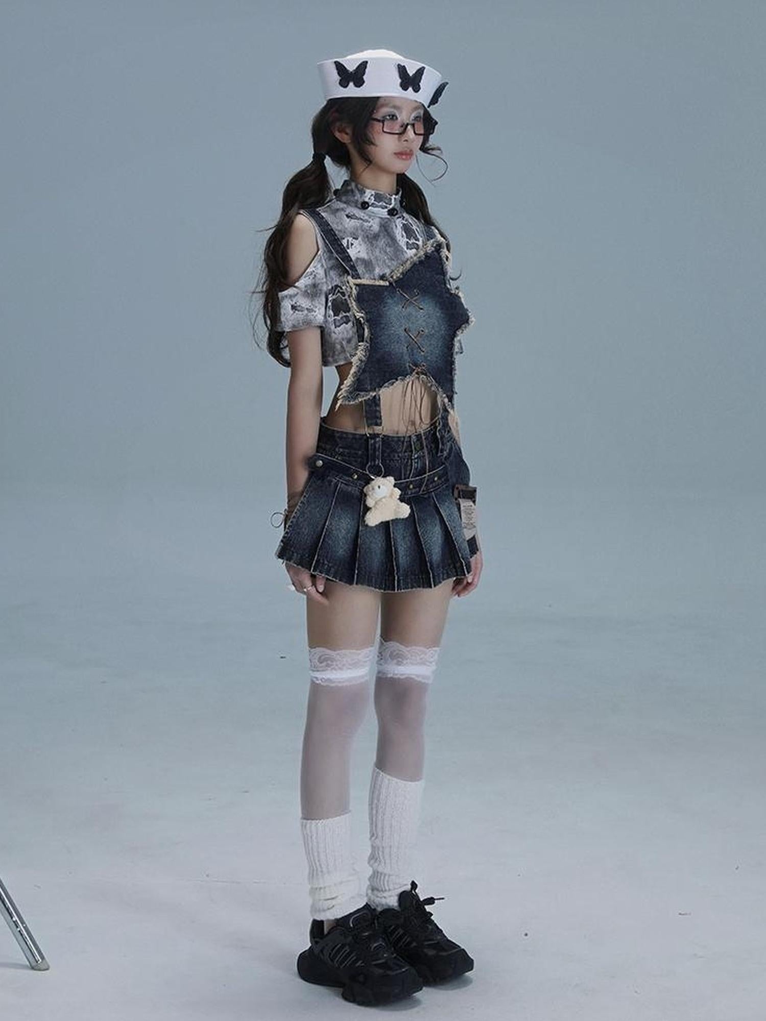 WSW WUSHENWU Playful Bear Detachable Denim Jumpskirt