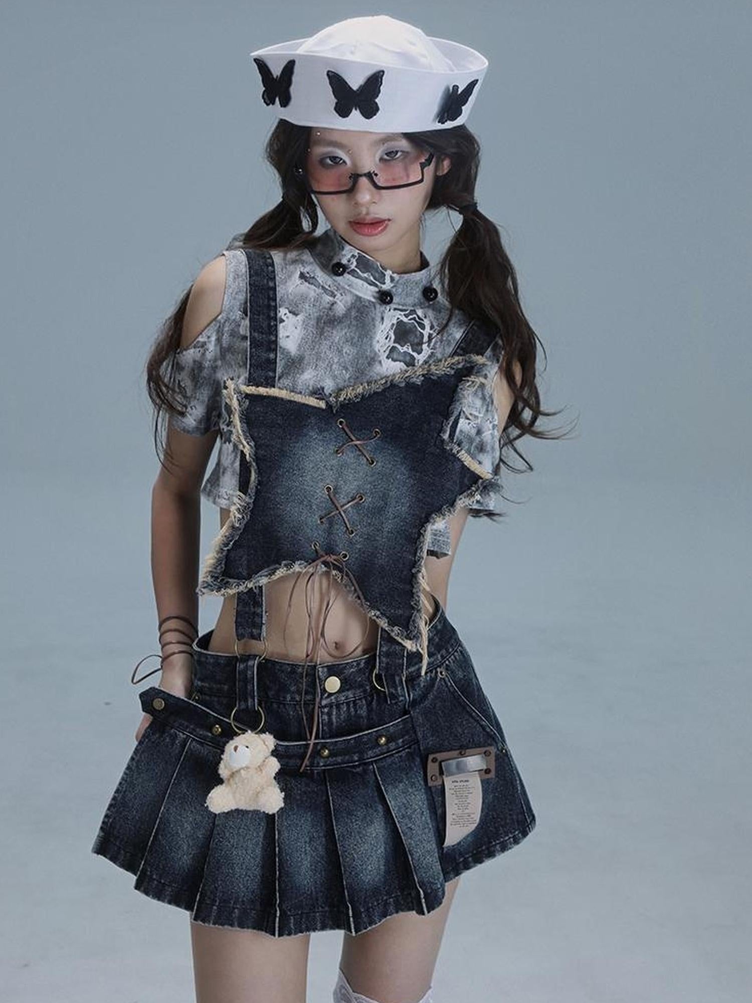 WSW WUSHENWU Playful Bear Detachable Denim Jumpskirt