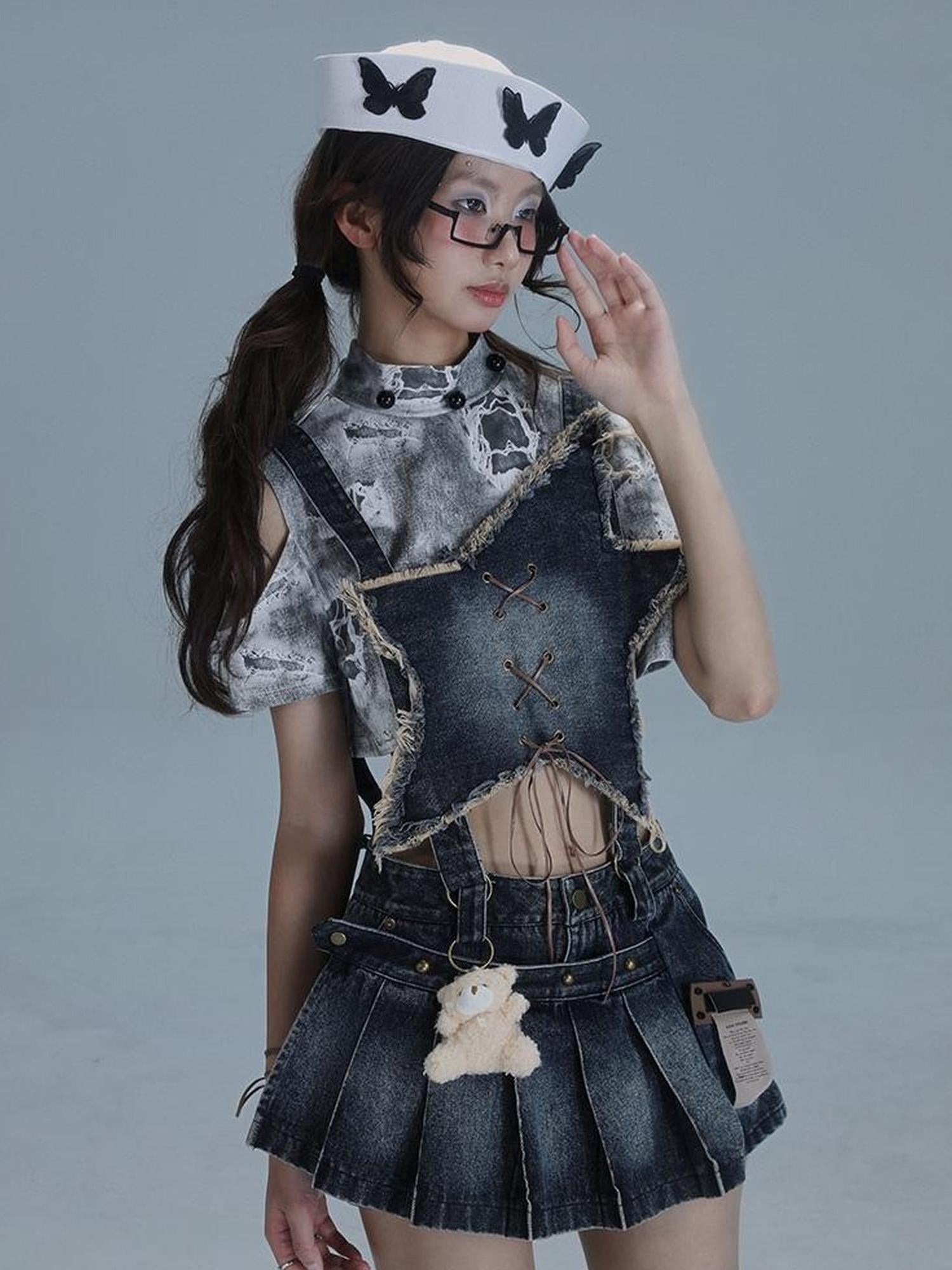 WSW WUSHENWU Playful Bear Detachable Denim Jumpskirt