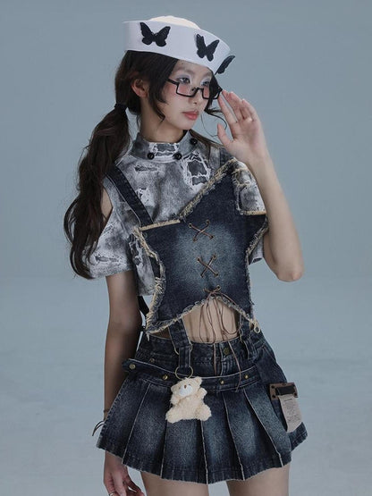 WSW WUSHENWU Playful Bear Detachable Denim Jumpskirt