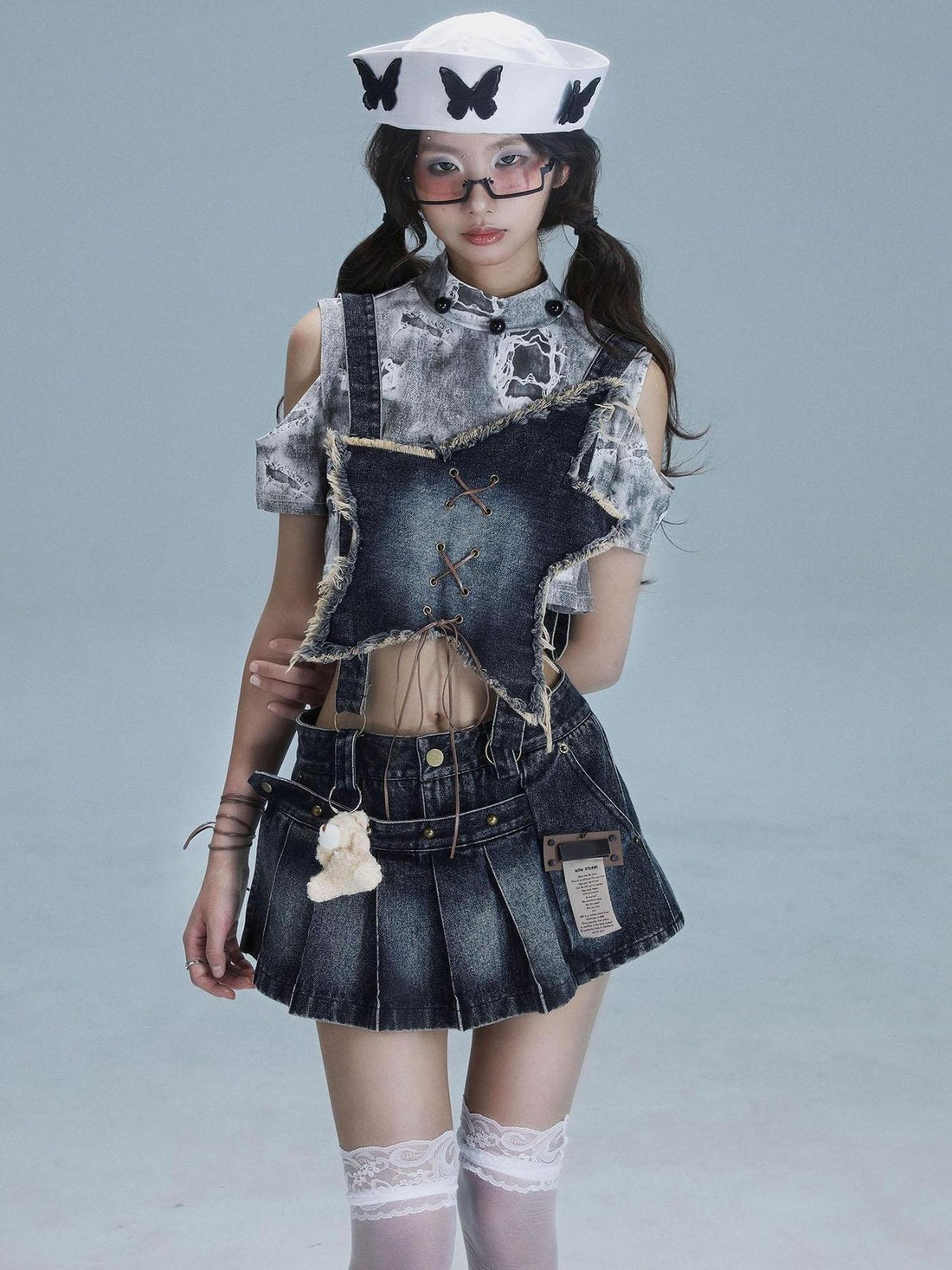 WSW WUSHENWU Playful Bear Detachable Denim Jumpskirt