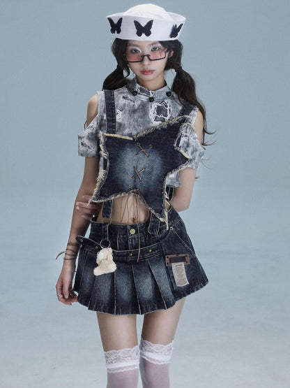 WSW WUSHENWU Playful Bear Detachable Denim Jumpskirt