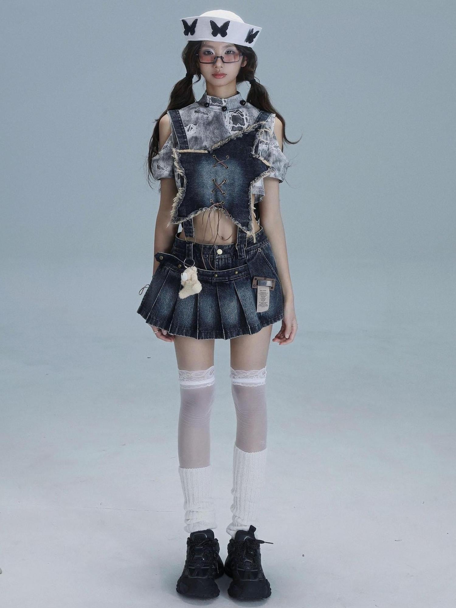 WSW WUSHENWU Playful Bear Detachable Denim Jumpskirt