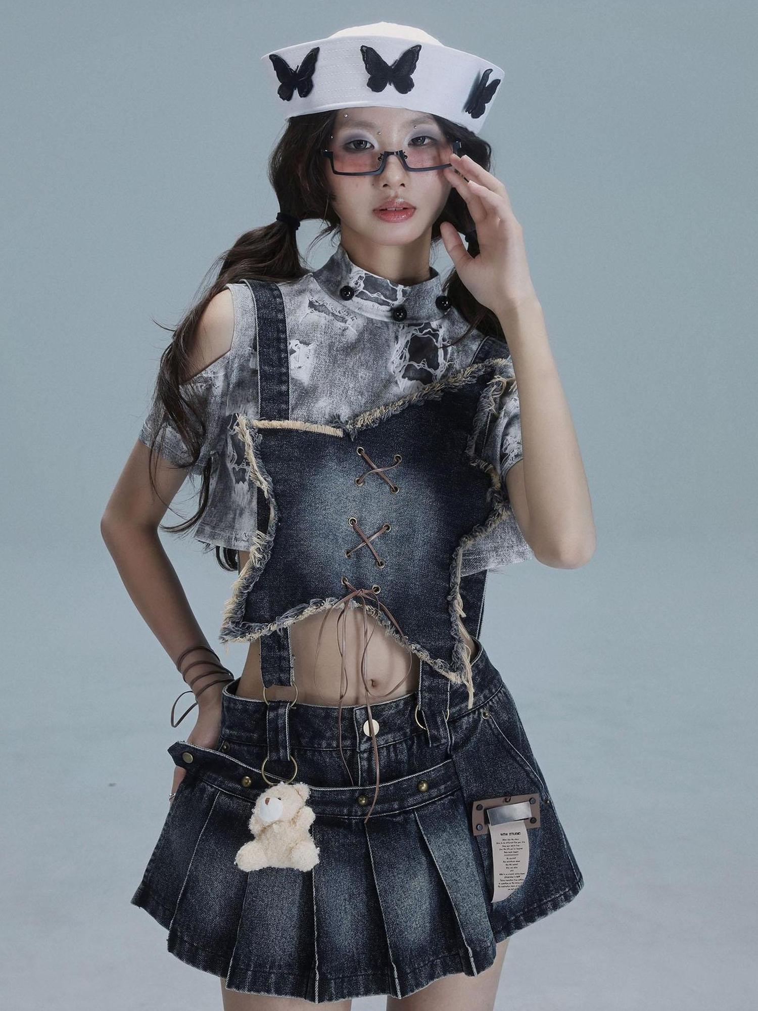 WSW WUSHENWU Playful Bear Detachable Denim Jumpskirt