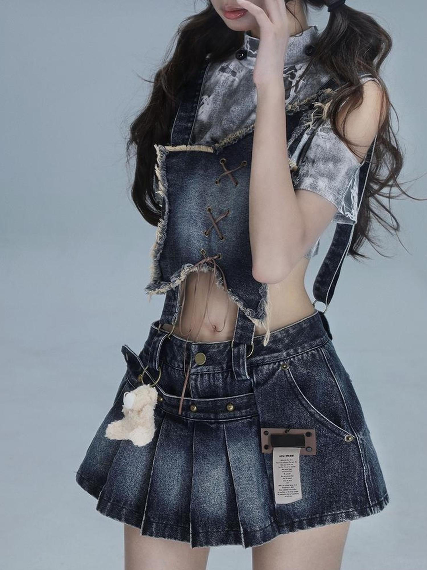 WSW WUSHENWU Playful Bear Detachable Denim Jumpskirt