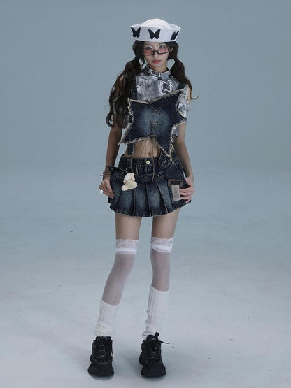 WSW WUSHENWU Playful Bear Detachable Denim Jumpskirt