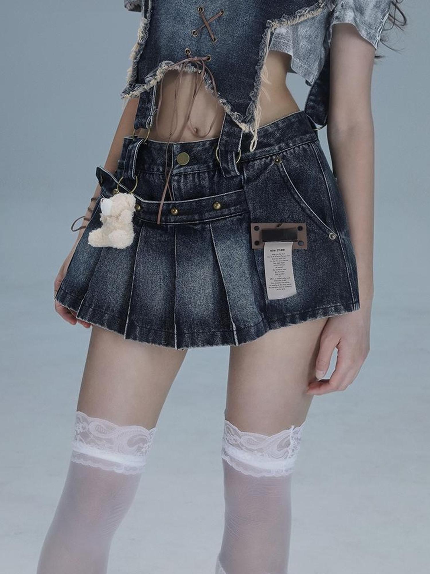WSW WUSHENWU Playful Bear Detachable Denim Jumpskirt