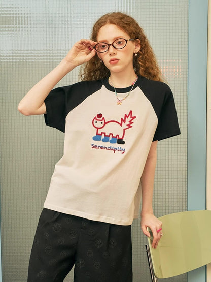 DIDDI MODA Playful Colorblock Cartoon Toothbrush Embroidery Cotton Tee