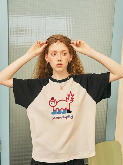 DIDDI MODA Playful Colorblock Cartoon Toothbrush Embroidery Cotton Tee