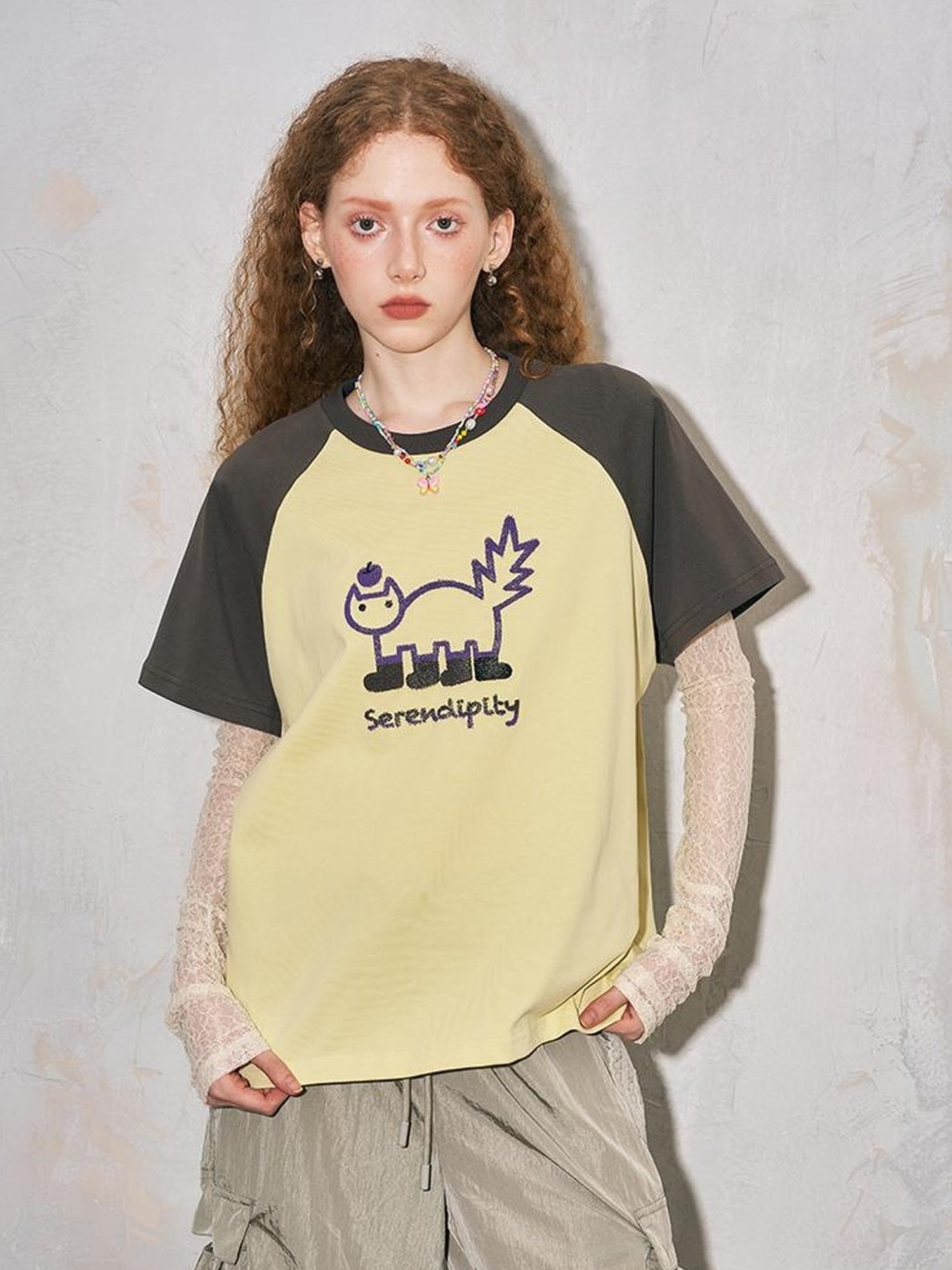 DIDDI MODA Playful Colorblock Cartoon Toothbrush Embroidery Cotton Tee