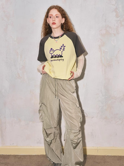 DIDDI MODA Playful Colorblock Cartoon Toothbrush Embroidery Cotton Tee