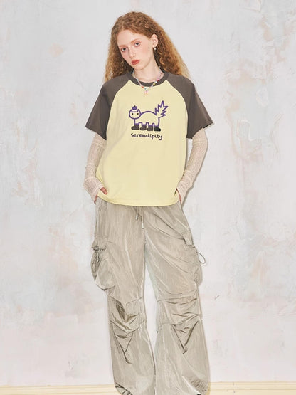 DIDDI MODA Playful Colorblock Cartoon Toothbrush Embroidery Cotton Tee