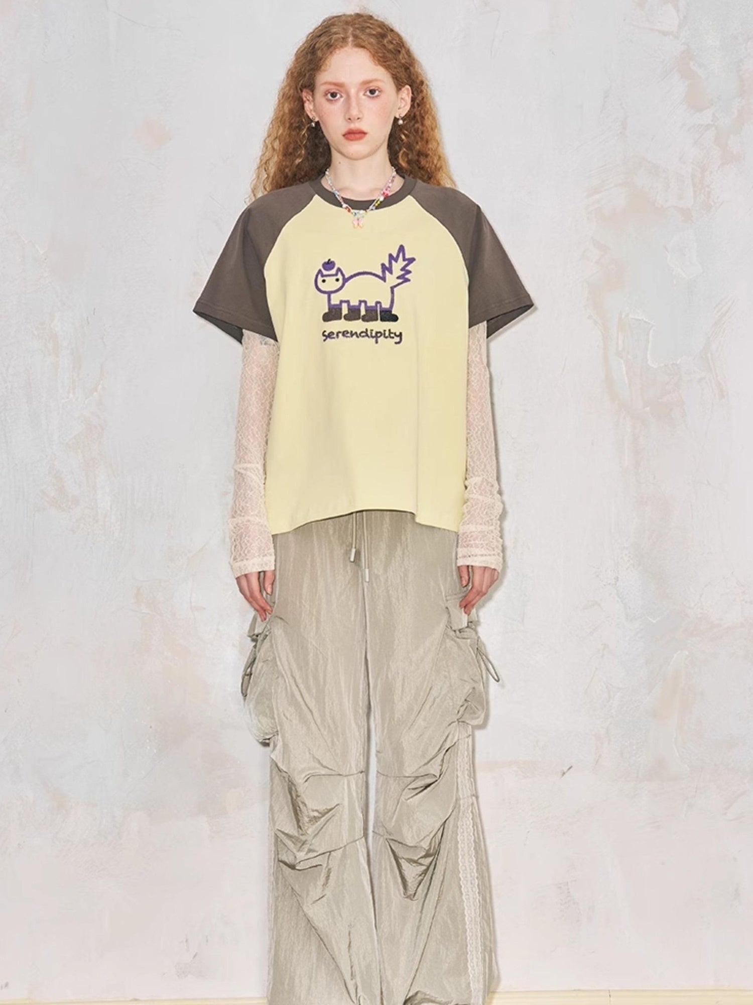 DIDDI MODA Playful Colorblock Cartoon Toothbrush Embroidery Cotton Tee