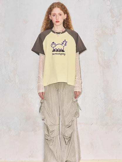 DIDDI MODA Playful Colorblock Cartoon Toothbrush Embroidery Cotton Tee
