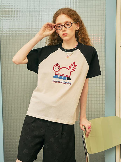 DIDDI MODA Playful Colorblock Cartoon Toothbrush Embroidery Cotton Tee