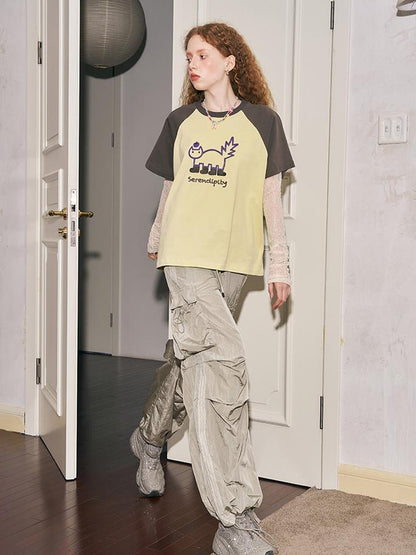 DIDDI MODA Playful Colorblock Cartoon Toothbrush Embroidery Cotton Tee