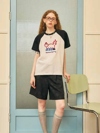 DIDDI MODA Playful Colorblock Cartoon Toothbrush Embroidery Cotton Tee