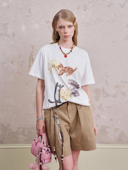 DIDDI MODA Playful Kittens Floral Print Relaxed Tee