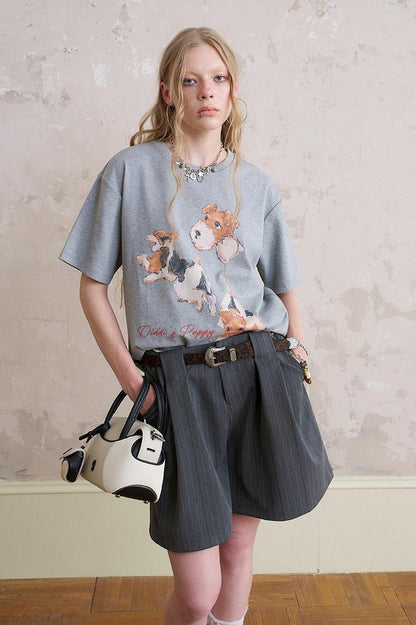 DIDDI MODA Playful Puppy Print Tee Layered Set With Pants
