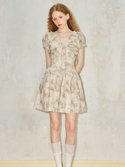 DIDDI MODA Playful V Neck Bubble Sleeve Floral Midi Dress