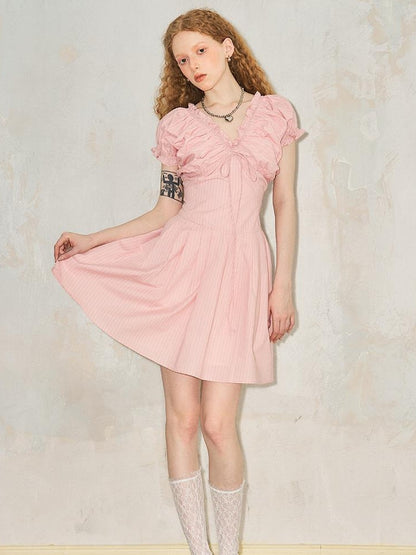 DIDDI MODA Playful V Neck Bubble Sleeve Floral Midi Dress