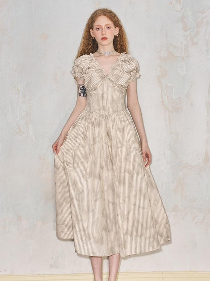 DIDDI MODA Playful V Neck Bubble Sleeve Floral Midi Dress