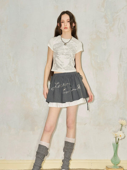 DIDDI MODA Pleated Crystal Embellished Tiered Mini Skirt With Drawstring