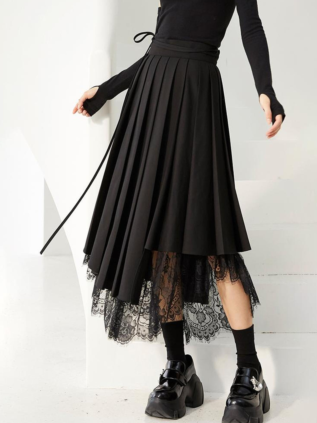 DIDDI MODA Pleated Lace Paneled High Waist A Line Skirt
