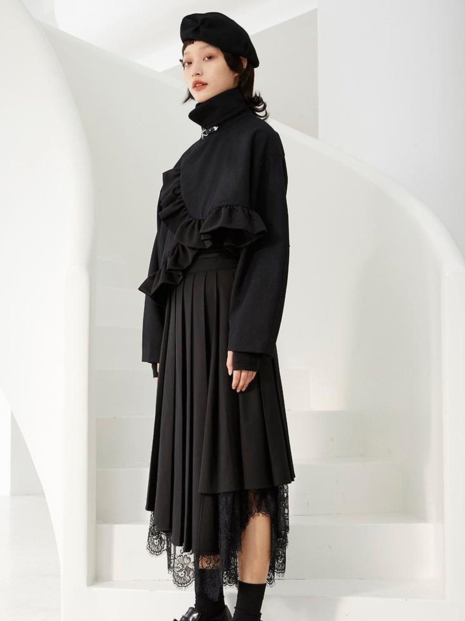DIDDI MODA Pleated Lace Paneled High Waist A Line Skirt