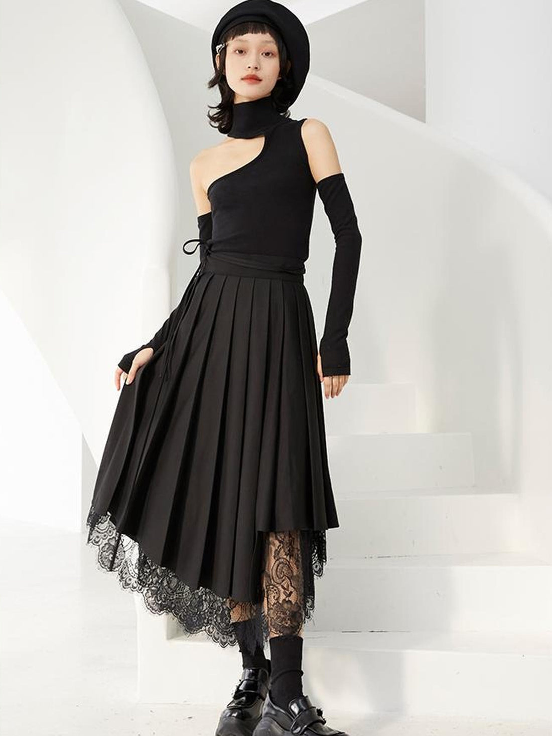 DIDDI MODA Pleated Lace Paneled High Waist A Line Skirt