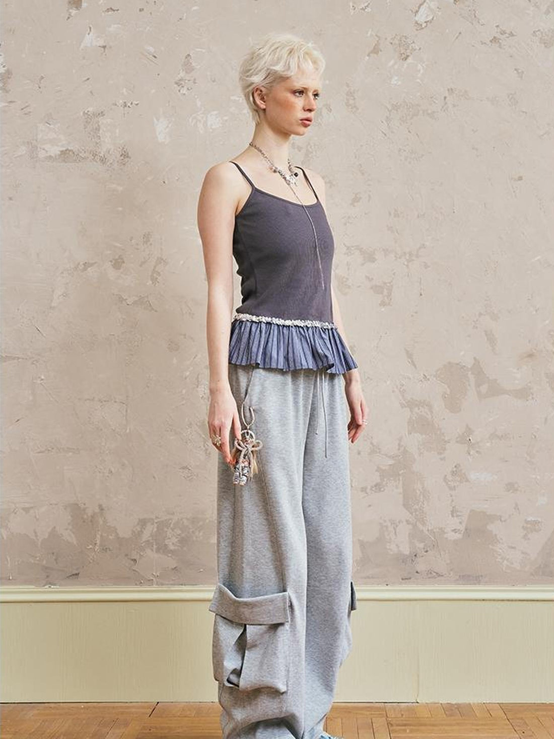 DIDDI MODA Pleated Lace Trim Contrast Slim Camisole