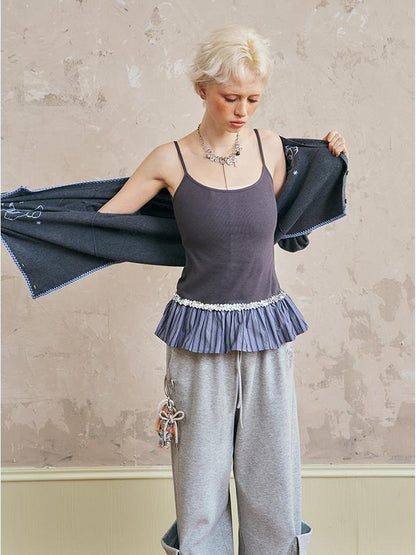 DIDDI MODA Pleated Lace Trim Contrast Slim Camisole