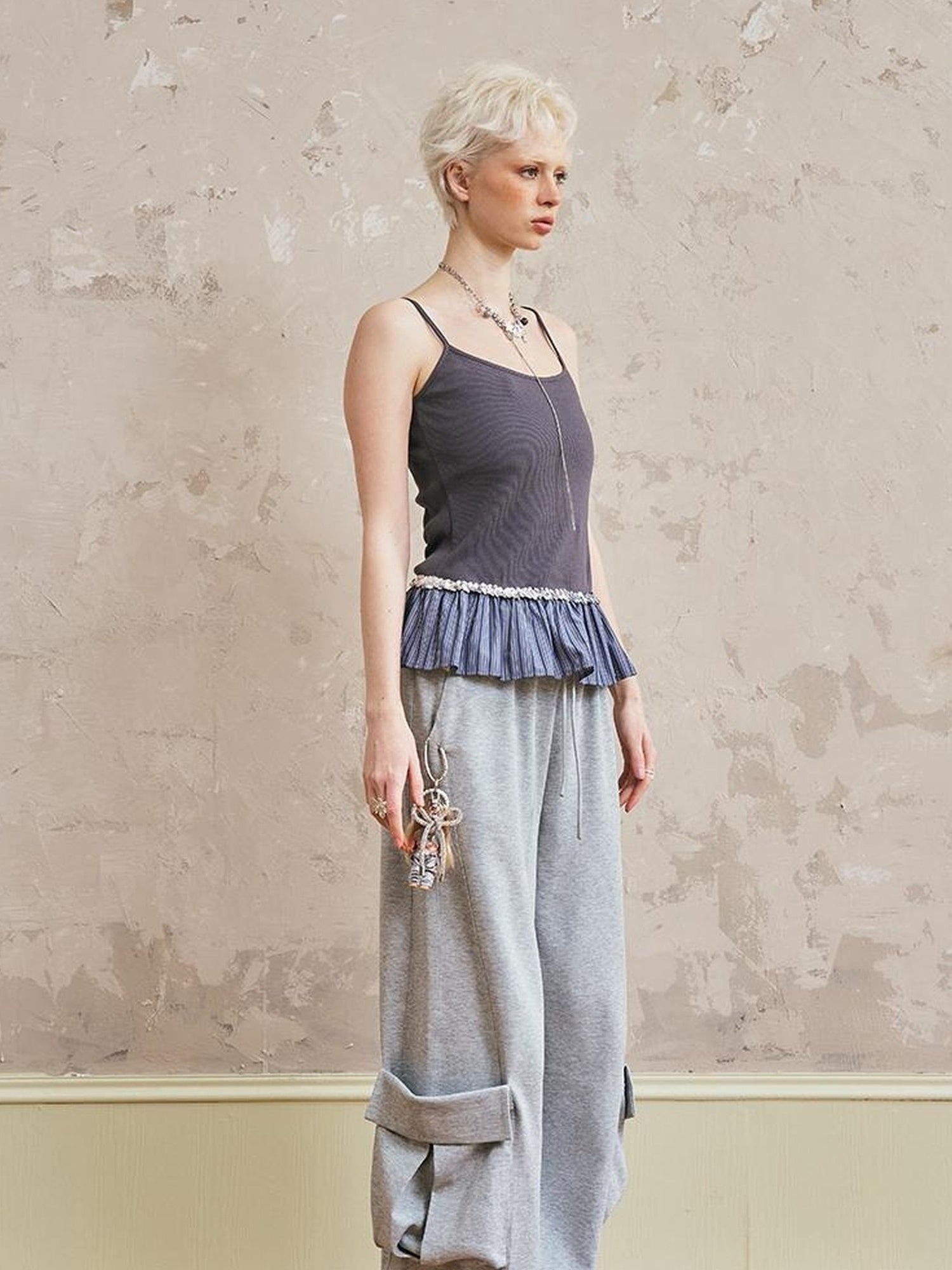 DIDDI MODA Pleated Lace Trim Contrast Slim Camisole