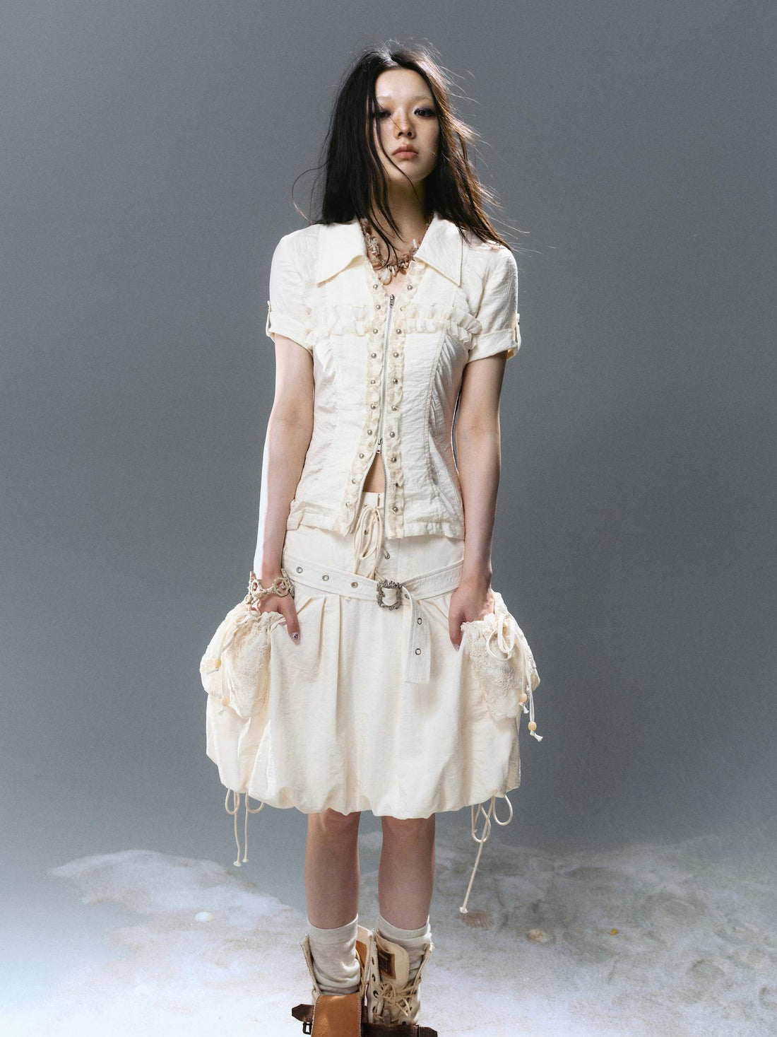 Cest Nous Pleated Lace Zip Studded Shirt T-Shirt