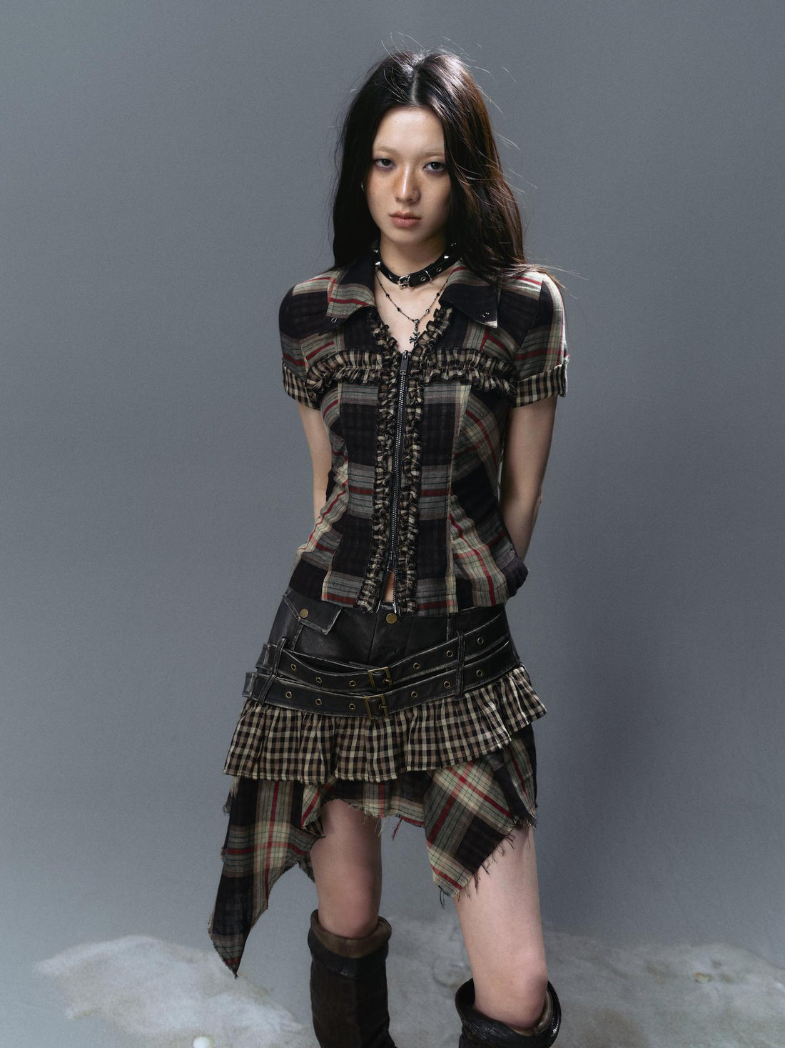 Cest Nous Pleated Lace Zip Studded Shirt T-Shirt
