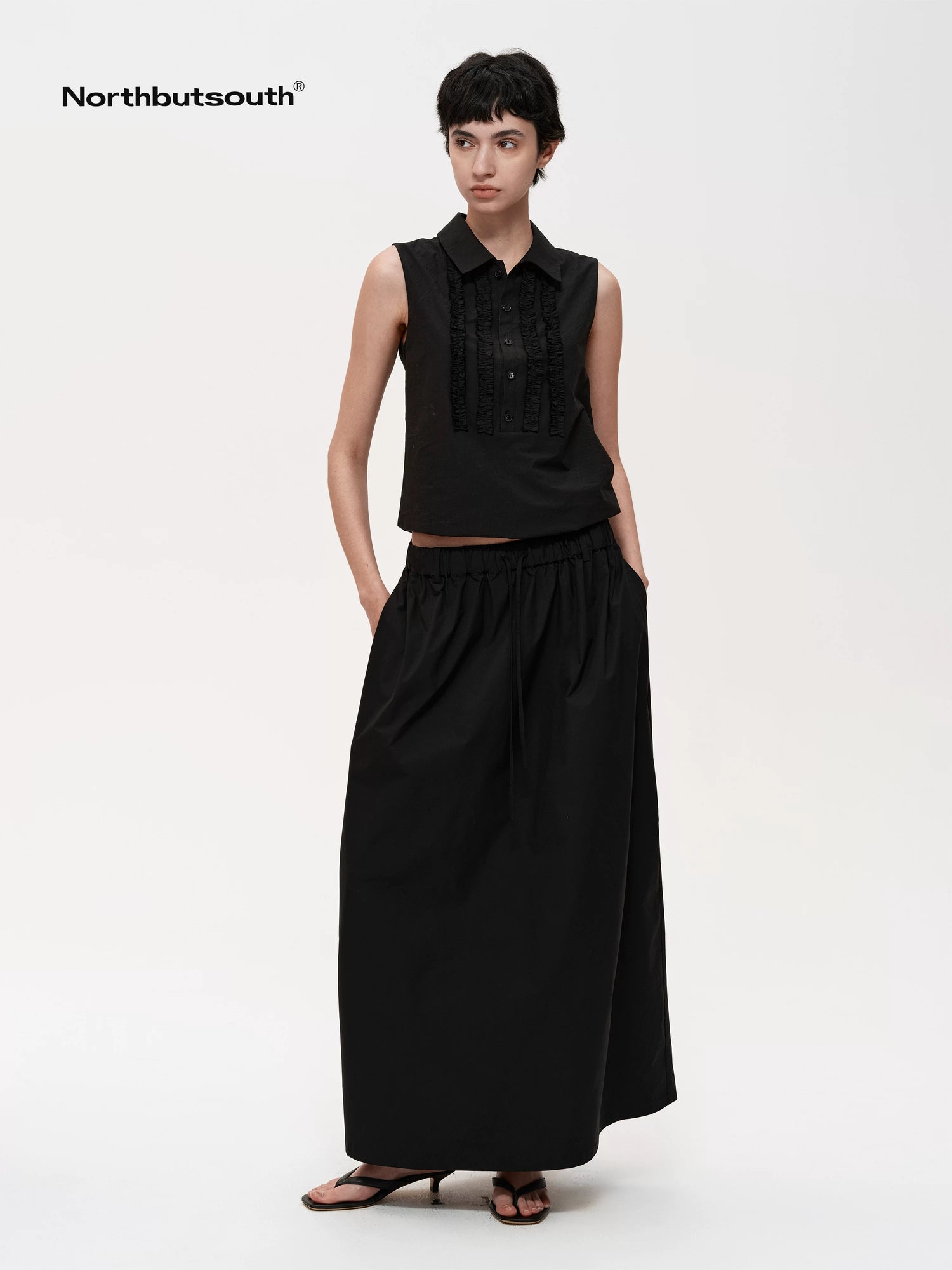 Pleated Midi Skirt With Adjustable Drawstring Waist