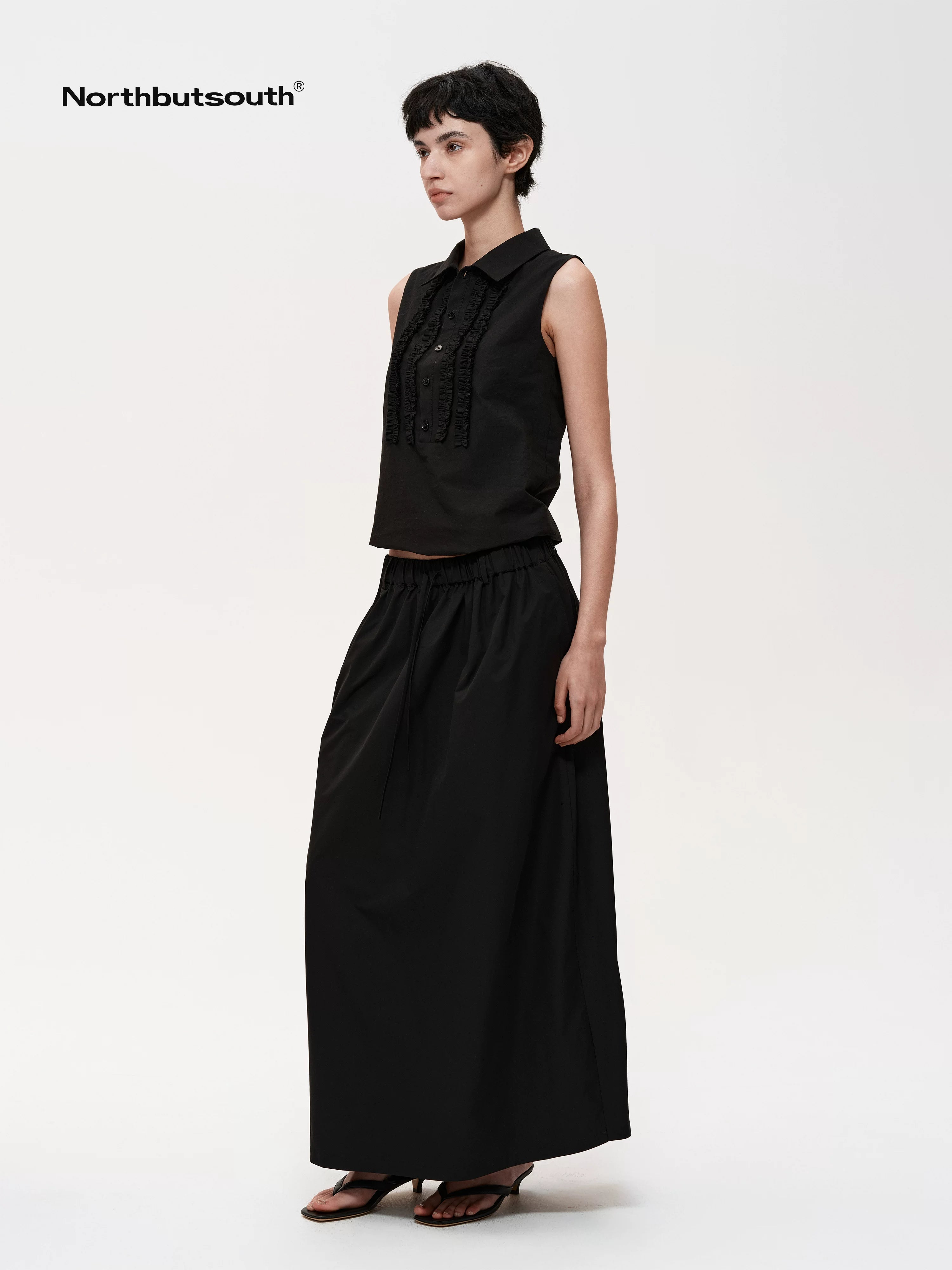 Pleated Midi Skirt With Adjustable Drawstring Waist