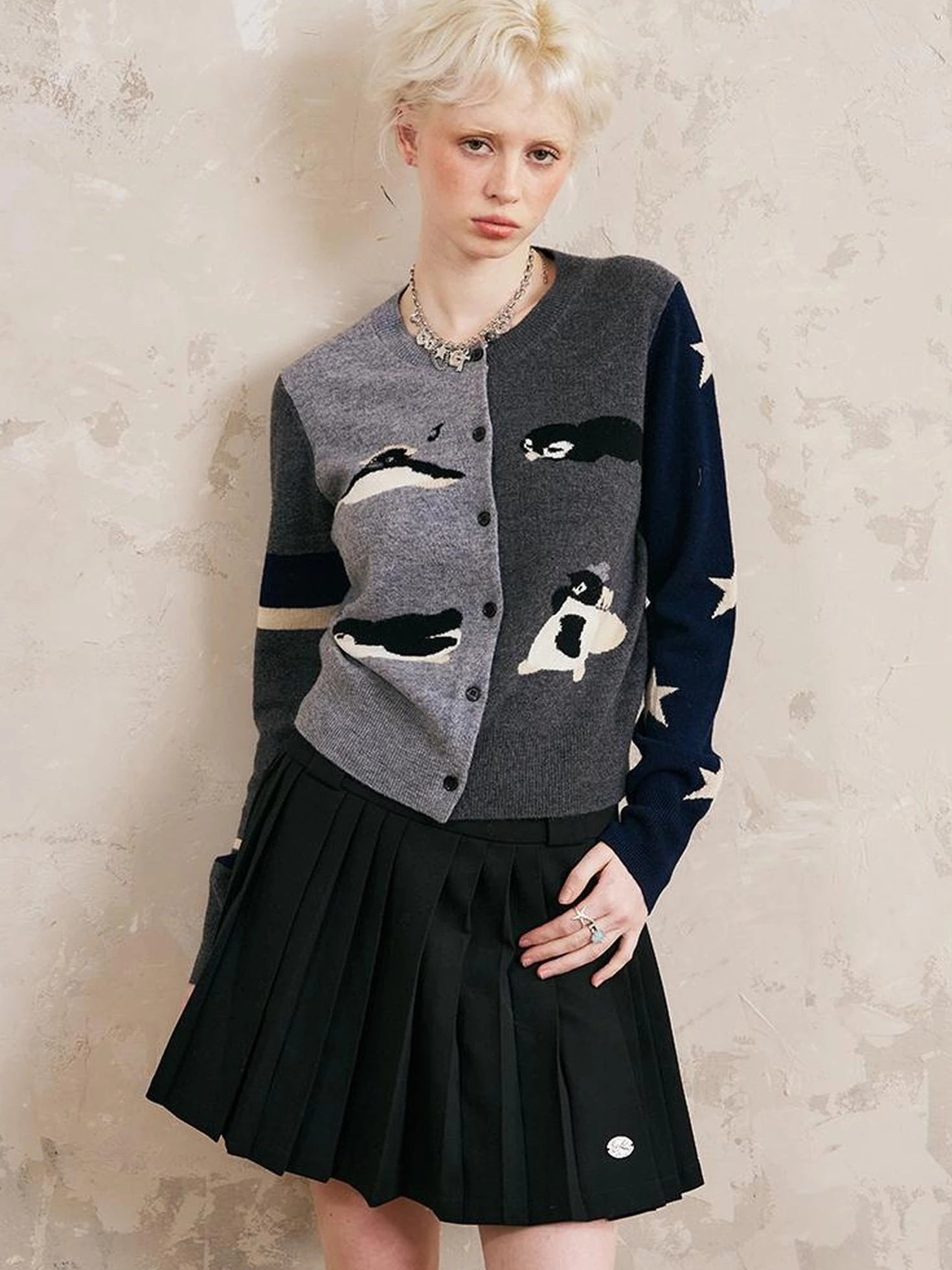 Pleated Mini Skirt With Metallic Logo Structured Flowy