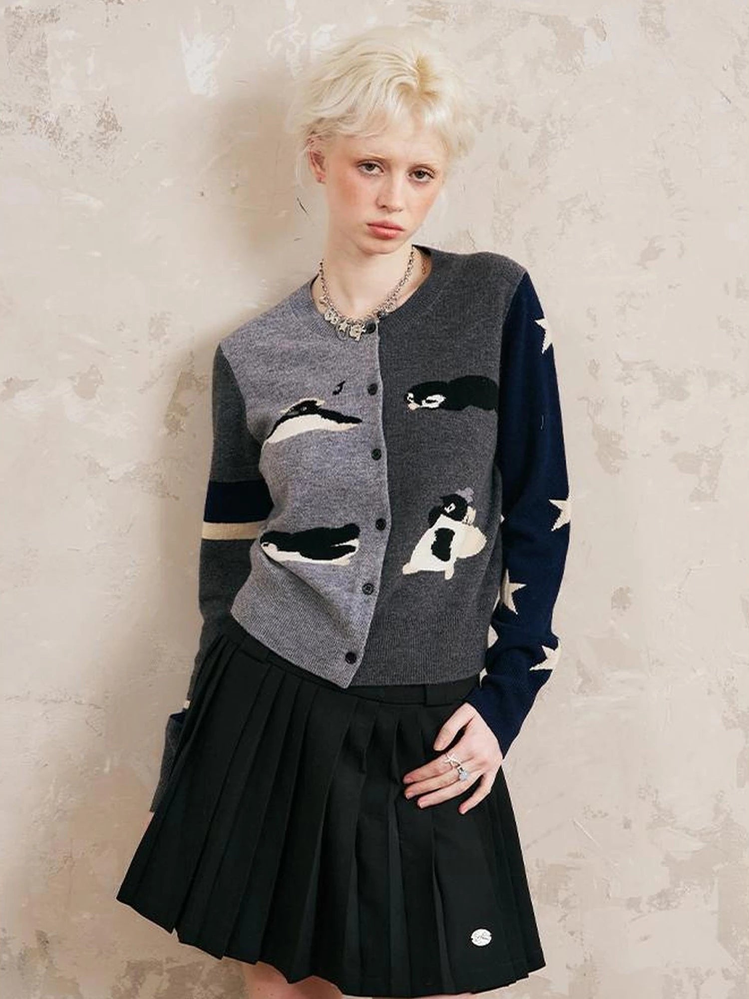 Pleated Mini Skirt With Metallic Logo Structured Flowy