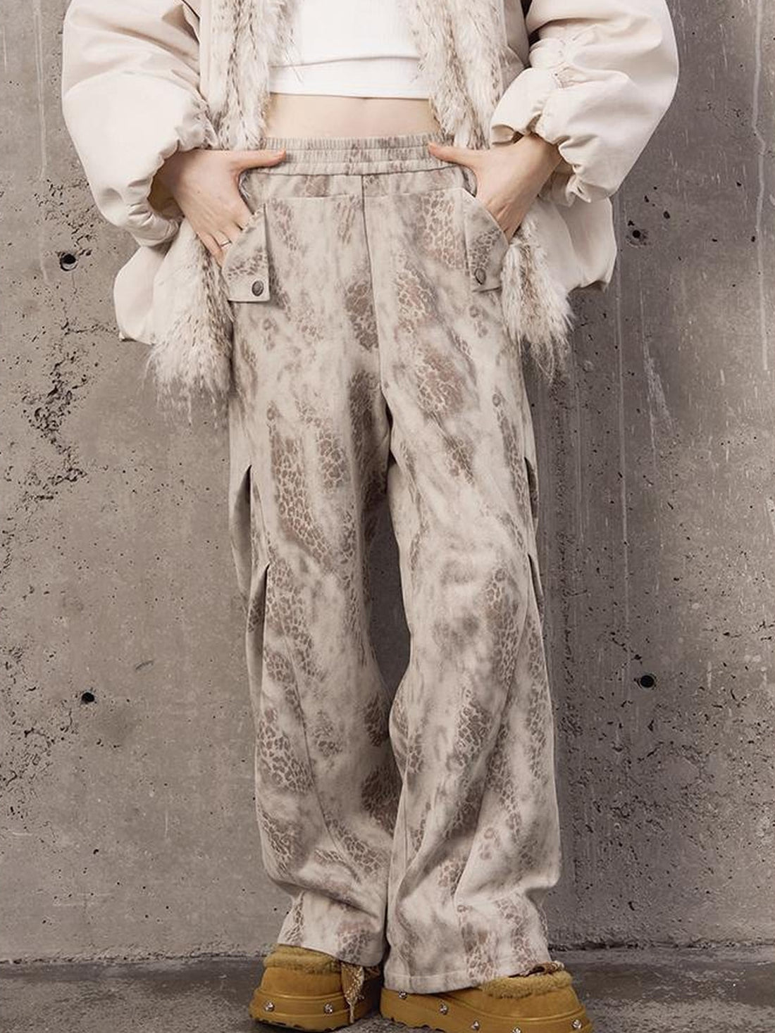 DIDDI MODA Pleated Patchwork Snake Print Relaxed Tapered Pants