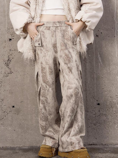 DIDDI MODA Pleated Patchwork Snake Print Relaxed Tapered Pants