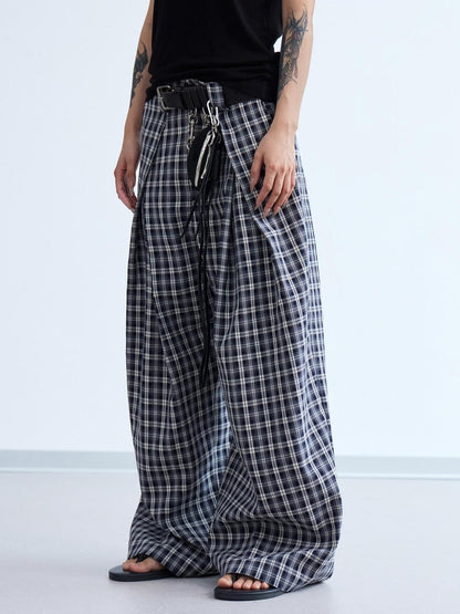 Peoplesense Pleated Plaid Wide Leg Pants Unisex Relaxed Fit Retro Trousers