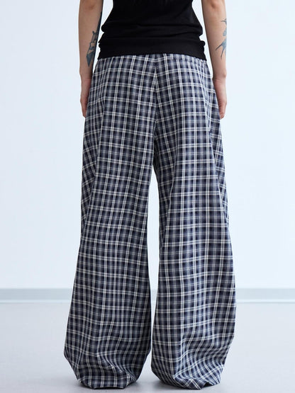 Peoplesense Pleated Plaid Wide Leg Pants Unisex Relaxed Fit Retro Trousers