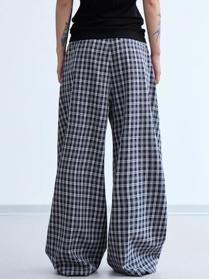 Pleated Plaid Wide Leg Pants Unisex Relaxed Fit Retro Trousers