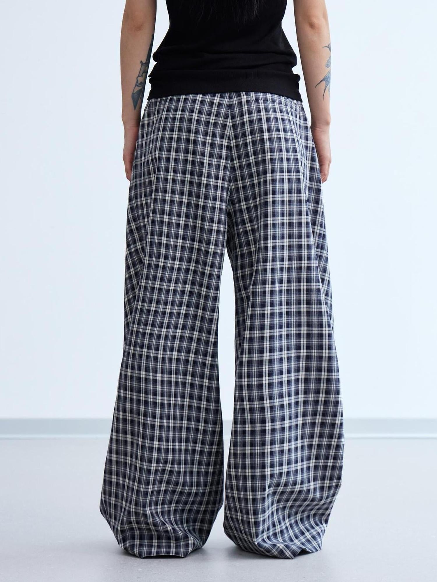 Peoplesense Pleated Plaid Wide Leg Pants Unisex Relaxed Fit Retro Trousers